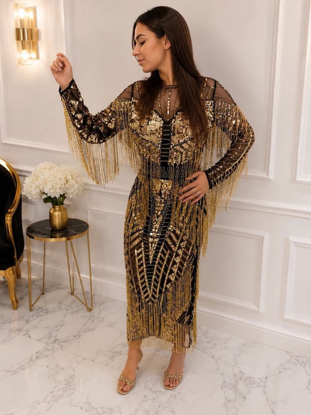 ASOS Black and Gold Sequin Fringe Midi Dress